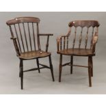 A Victorian elm seated stick back armchair and another.
