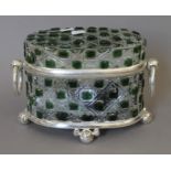 A green cut glass and silver plated casket. 26 cm wide.