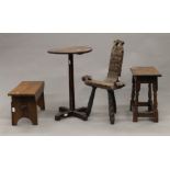 A 19th century oak side table, two stools and a chair.