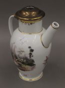 A Meissen porcelain ewer painted with military encampment scenes, mounted with a metal lid.