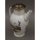 A Meissen porcelain ewer painted with military encampment scenes, mounted with a metal lid.