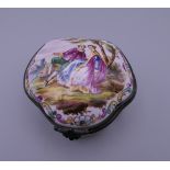 A French enamel patch box. 6 cm wide.