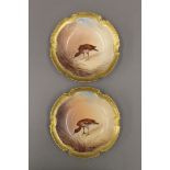 A pair of Limoges dishes, each painted with a bird. 15 cm diameter.