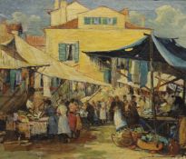 Continental Market Scene, oil on canvas, indistinctly signed, framed. 64.5 x 54.5 cm.