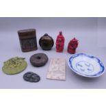A quantity of small Chinese items, including jade roundels, a horn snuff bottle, etc.