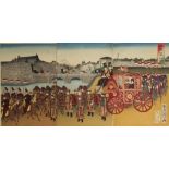 Five Japanese wood block prints; three forming a Regal Procession,