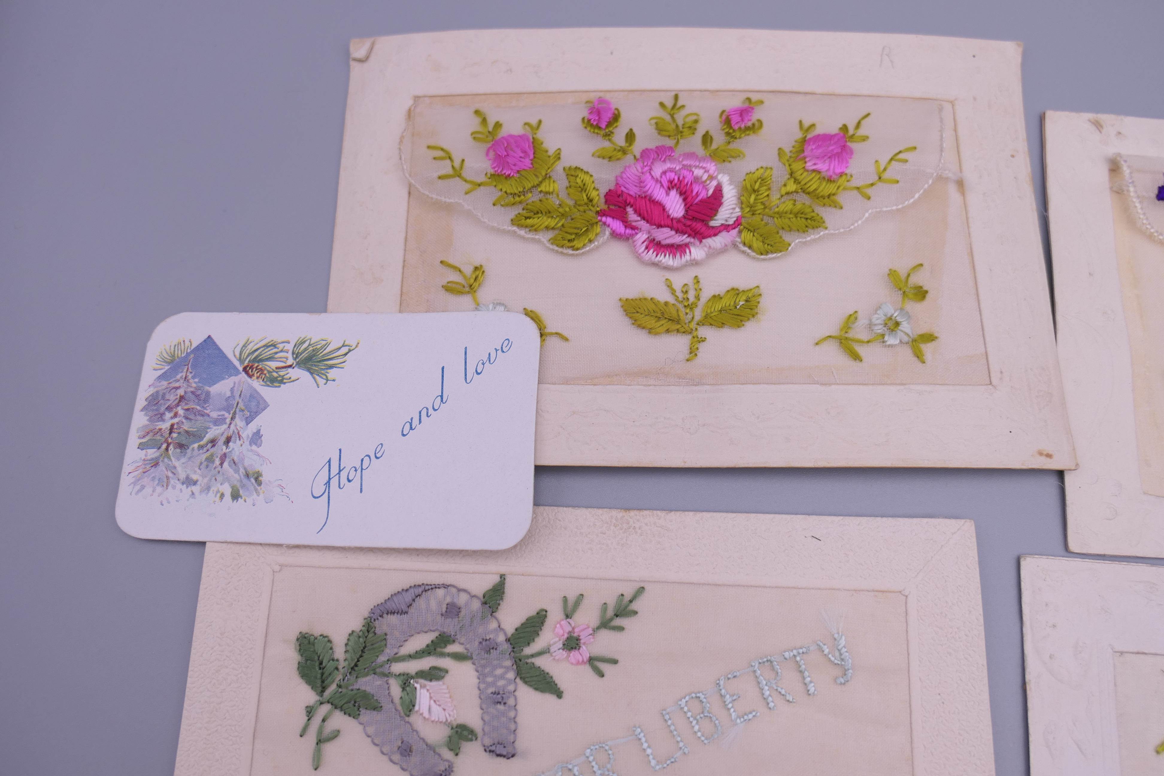 Seventeen World War I embroidered silk postcards including some with note cards. - Image 5 of 26