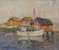 J ULLMAN, Boats in a Harbour, watercolour, signed, framed and glazed. 38 x 32 cm.