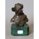 An Art Nouveau style bronze bust of a girl. 14.5 cm high.