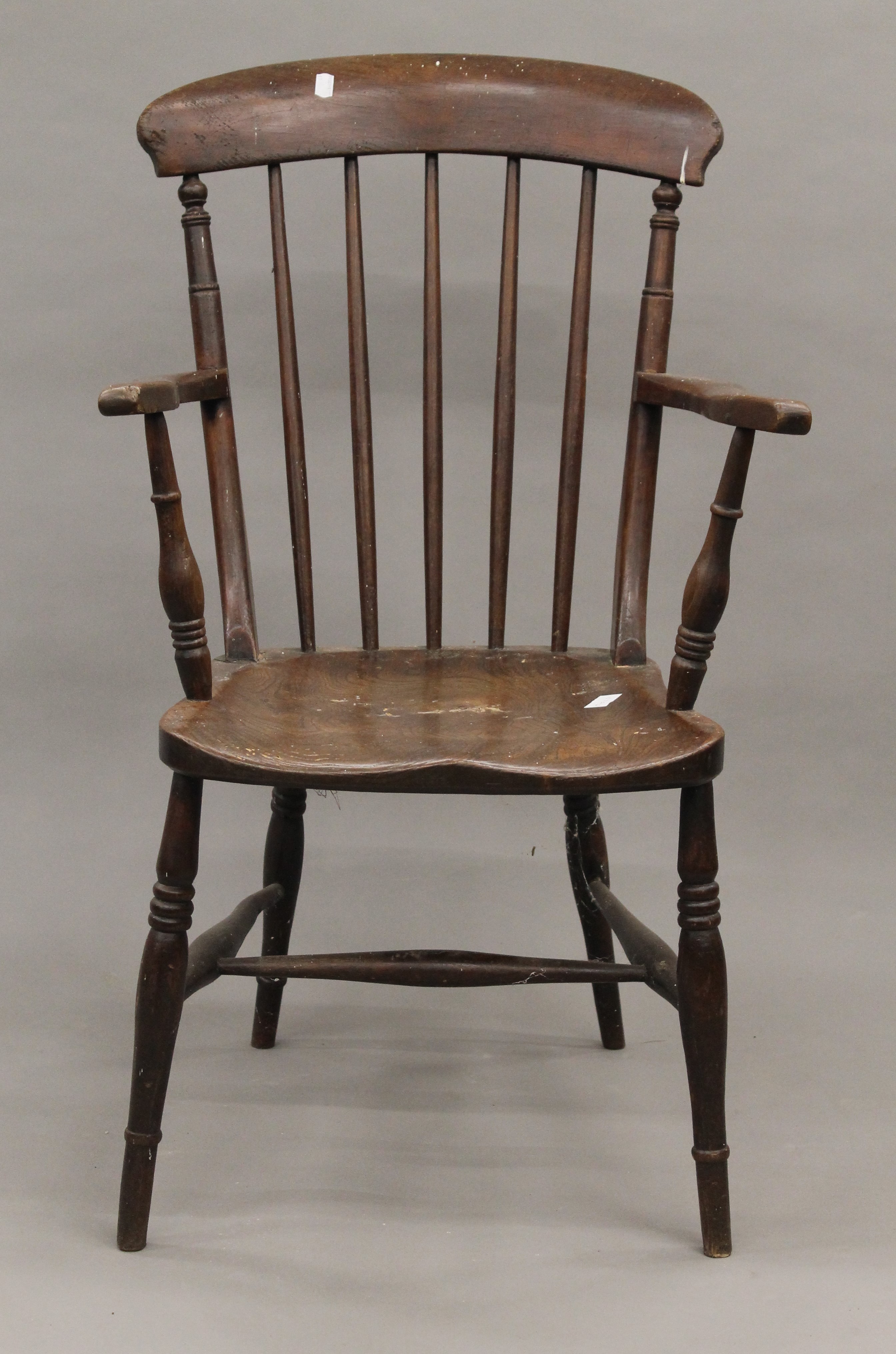 A Victorian elm seated stick back armchair and another. - Image 7 of 11