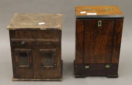Two 1930s wooden cigarette vending machines. The largest 29 cm high.