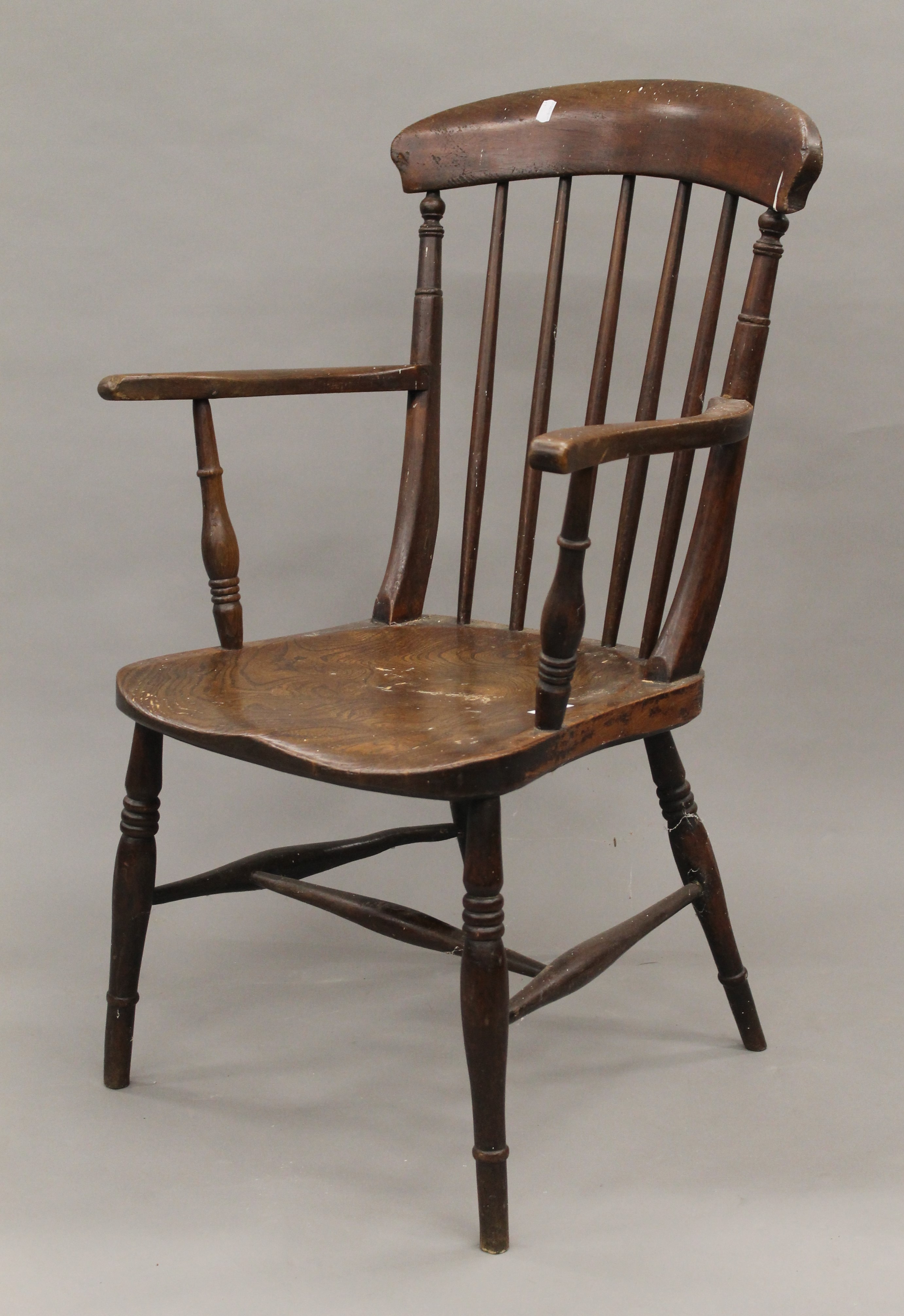 A Victorian elm seated stick back armchair and another. - Image 9 of 11