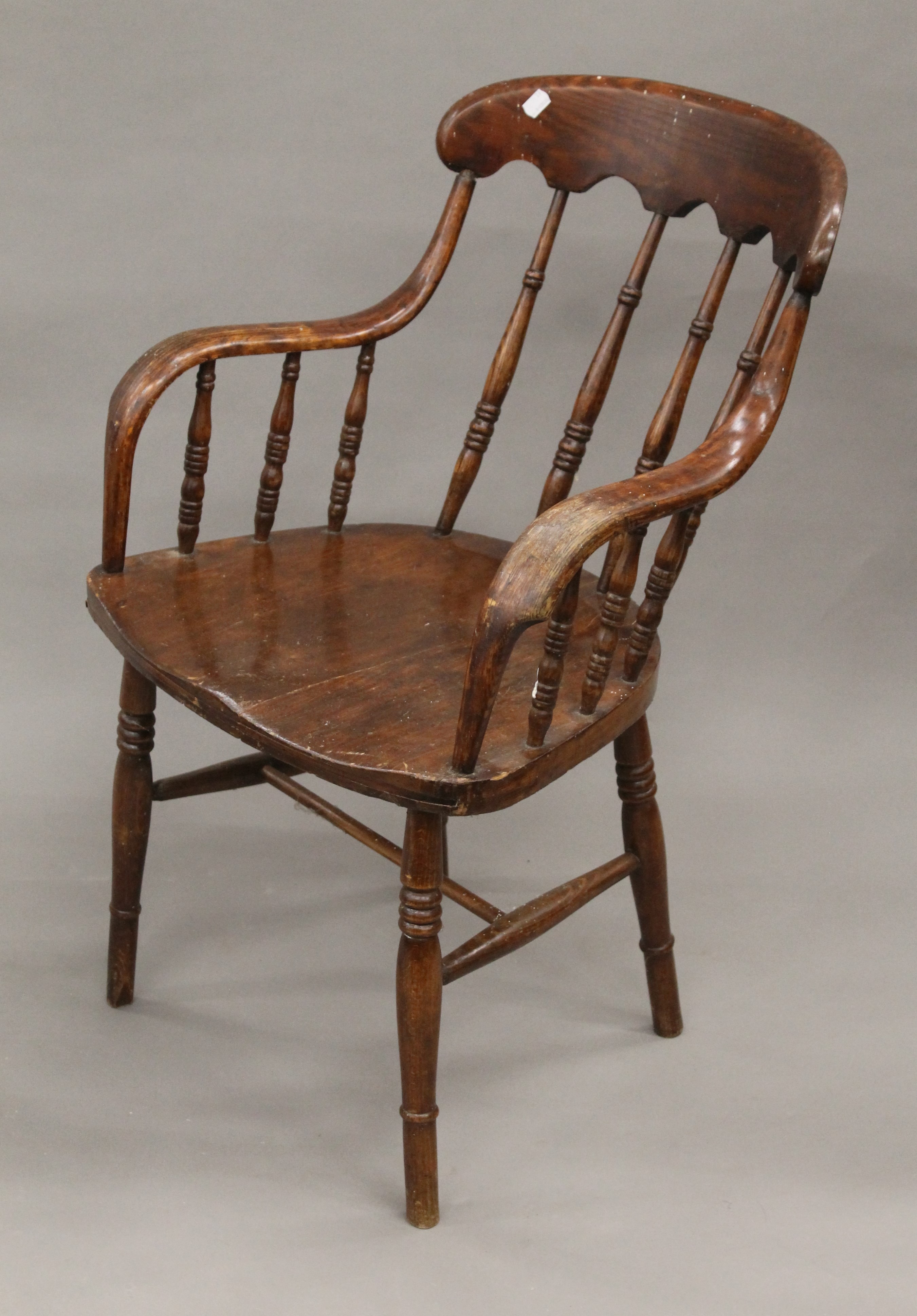 A Victorian elm seated stick back armchair and another. - Image 4 of 11