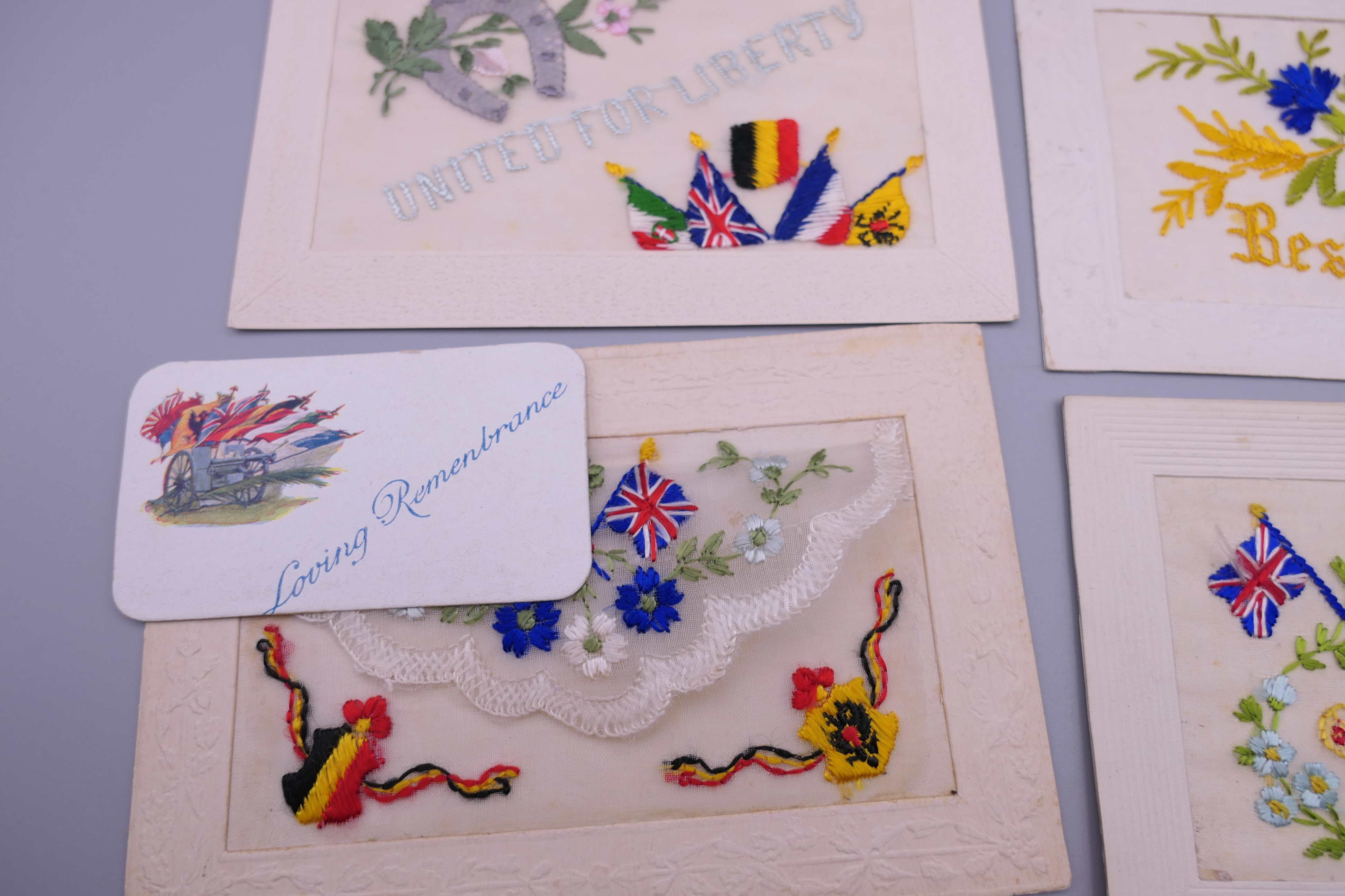 Seventeen World War I embroidered silk postcards including some with note cards. - Image 2 of 26