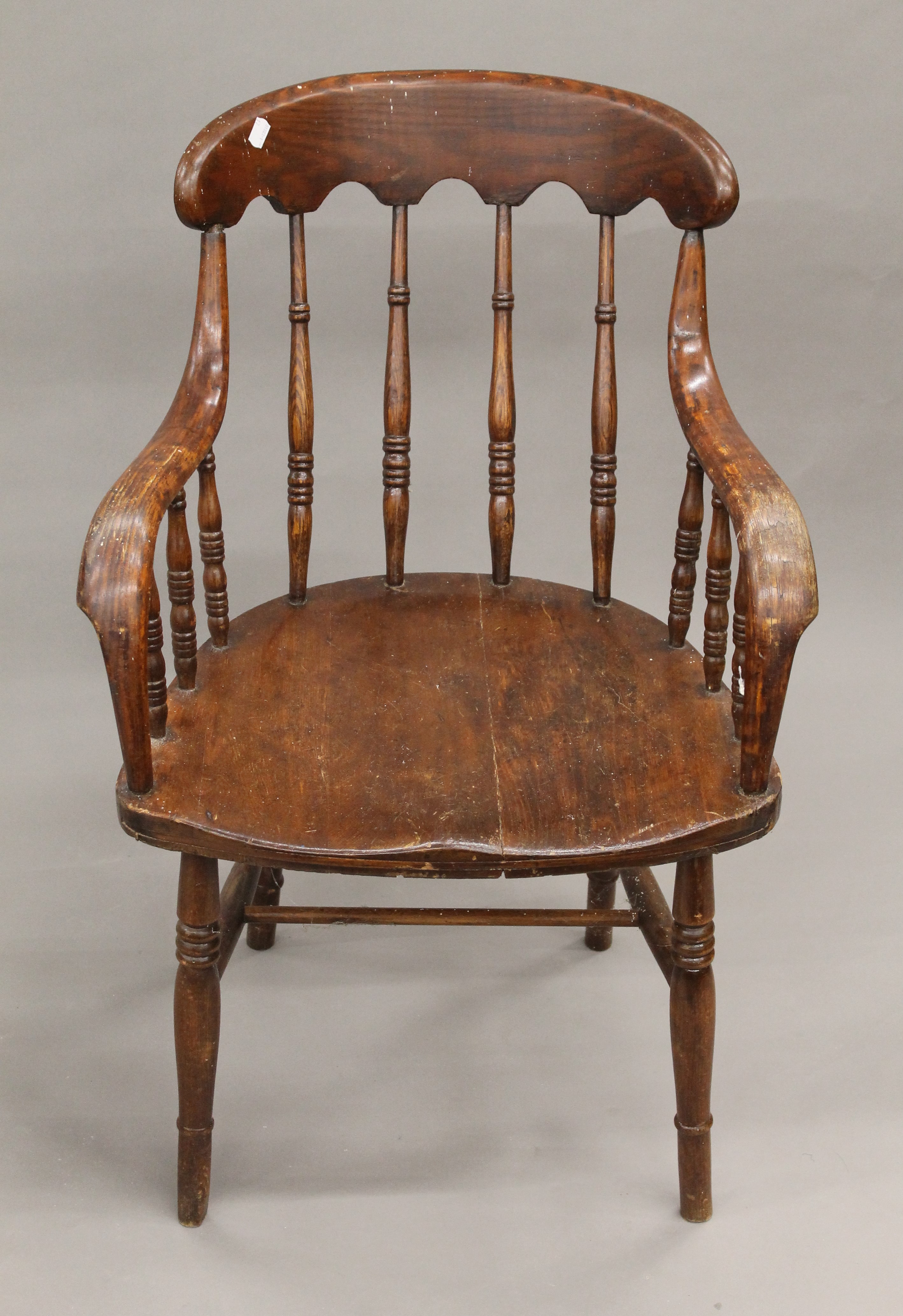 A Victorian elm seated stick back armchair and another. - Image 3 of 11