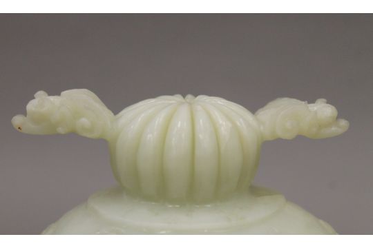 A Chinese carved jade lidded censer. 10 cm high. - Image 4 of 5