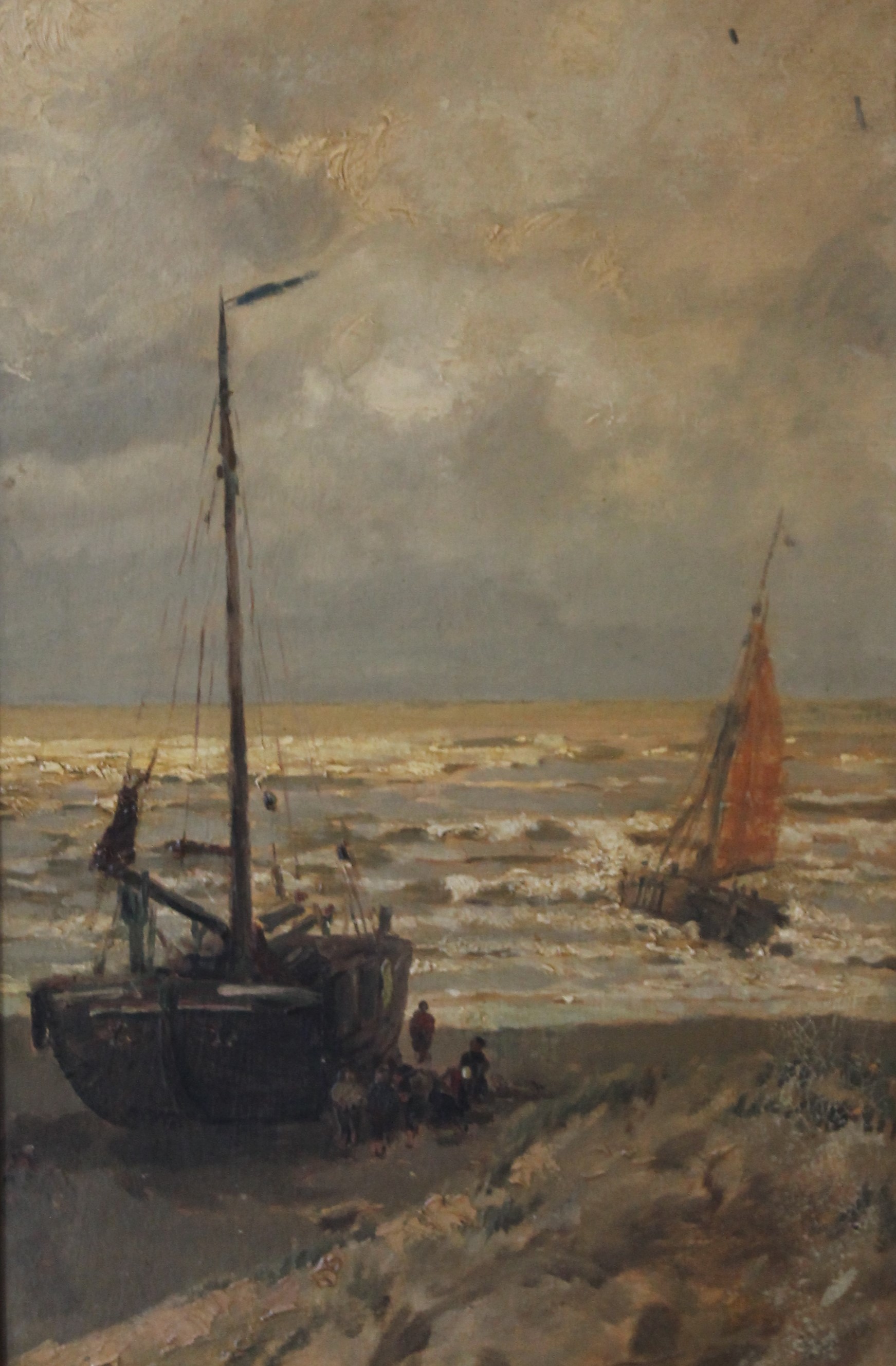 DUTCH SCHOOL, Fishing Boats on a Beach, oil on canvas. 28.5 x 44.5 cm.