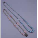 Two strings of turquoise beads. 74 cm long and 57.5 cm long respectively.