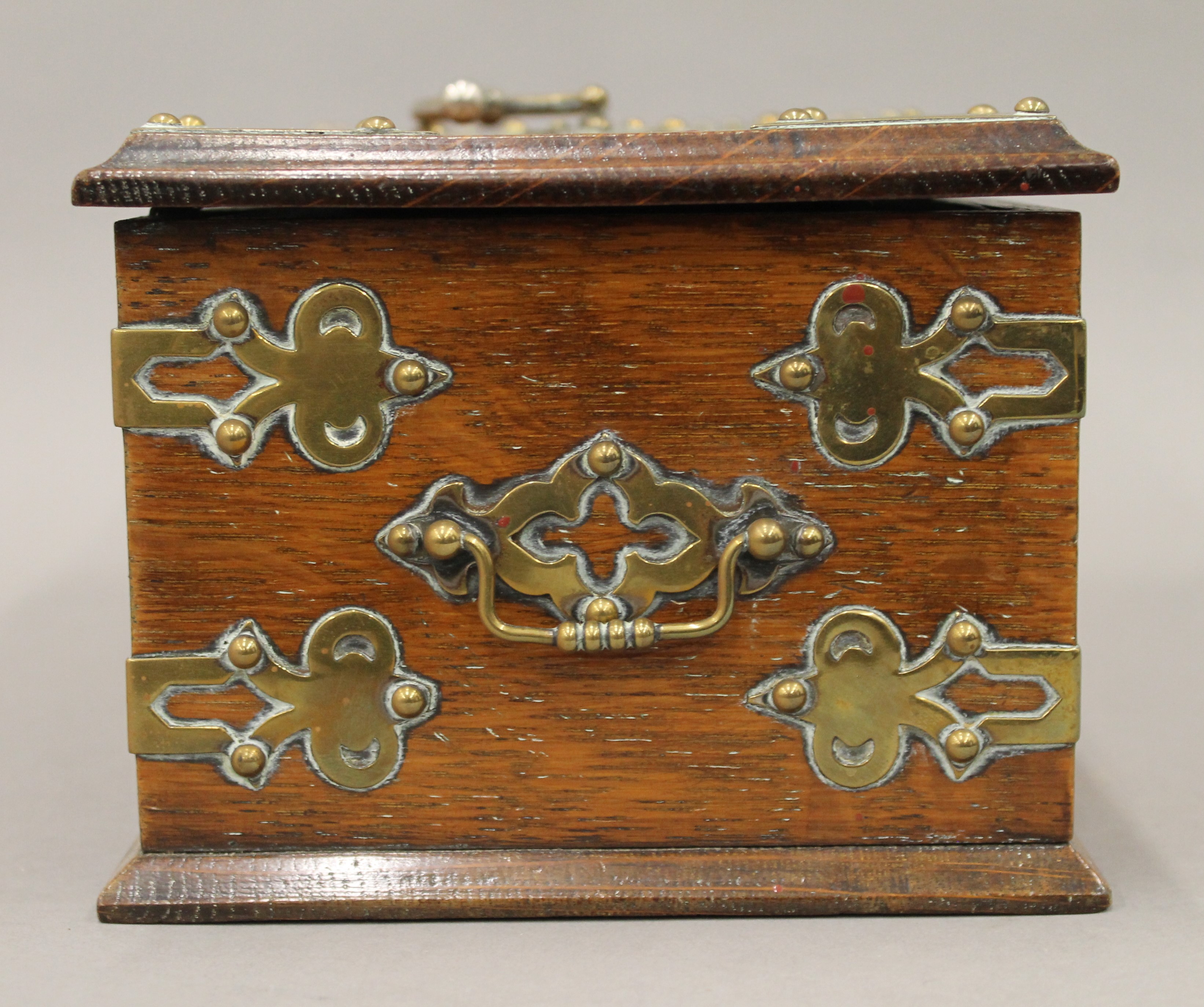 A Victorian brass mounted oak cigar box. 29 cm wide. - Image 7 of 7