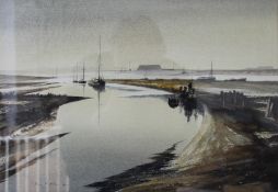 Three KEN MOORE watercolours, Norfolk Coastal Scene, Ely Cathedral and a Fen View,