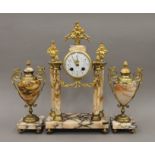 A marble and ormolu clock garniture with pendulum and key, with enamel dial and striking movement.