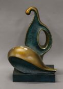 A green and gold painting bronze abstract sculpture. 58 cm high.