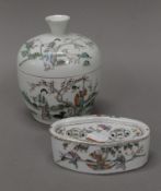 A Chinese Republic Period porcelain cricket box and an ovoid lidded jar. The former 12 cm wide.