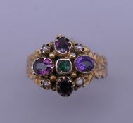 A 9 ct gold Suffragette colours multi-stone ring. Ring size J.