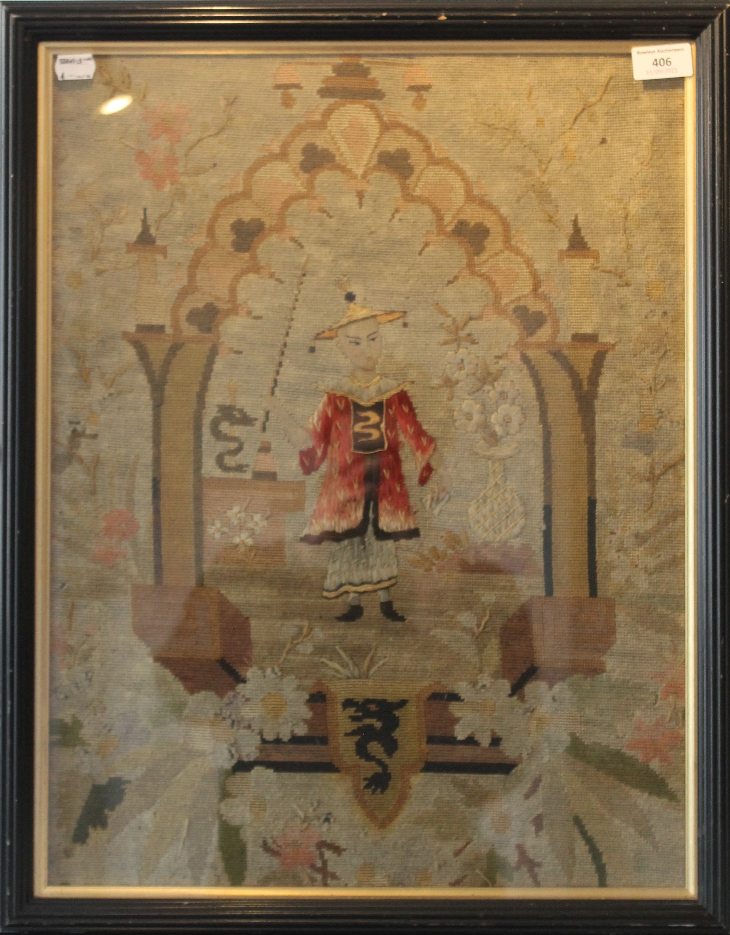 A 19th century framed woolwork depicting a Chinaman, framed and glazed. 48 x 60.5 cm overall. - Image 2 of 2