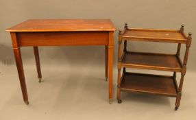 An early 20th century oak tea trolley and a modern side table. The former 59 cm long.