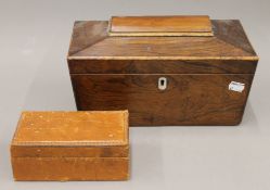 A Victorian rosewood tea caddy and a small leather box. The former 30 cm wide.