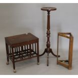 A Victorian walnut piano stool, an oak stick stand and a torchere. The latter 100 cm high.