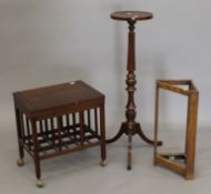A Victorian walnut piano stool, an oak stick stand and a torchere. The latter 100 cm high.