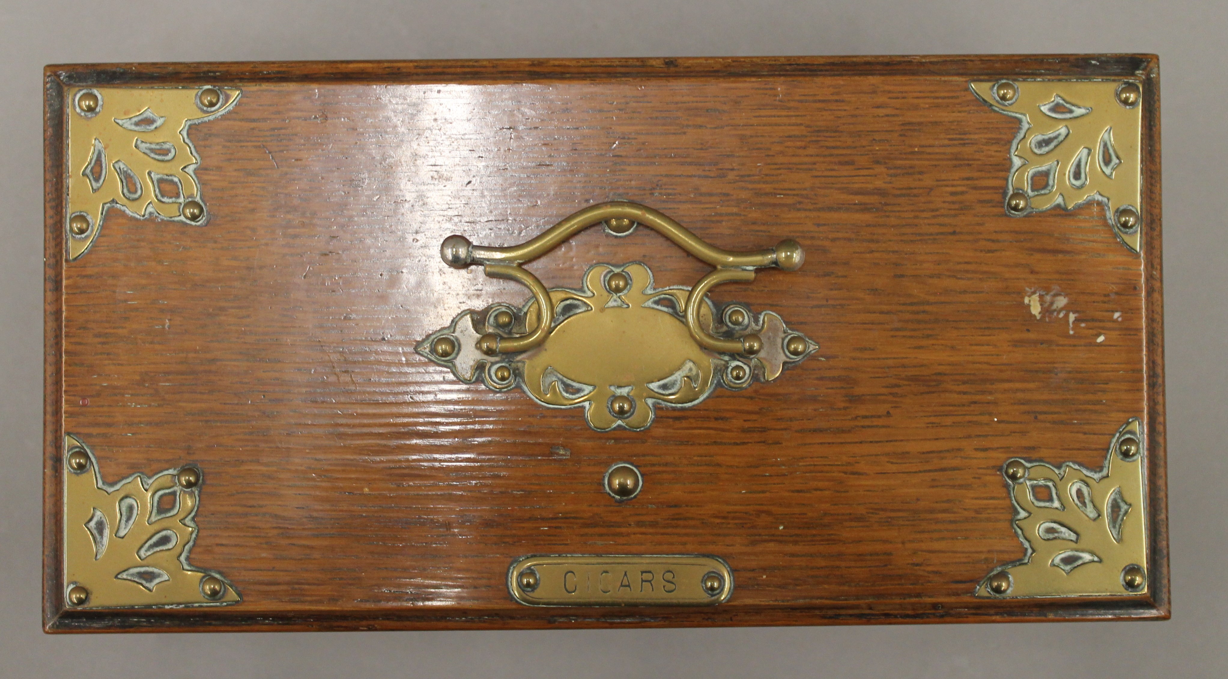 A Victorian brass mounted oak cigar box. 29 cm wide. - Image 5 of 7