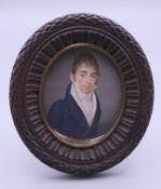 A Georgian portrait miniature, in oval frame. Frame 10 cm x 9 cm.