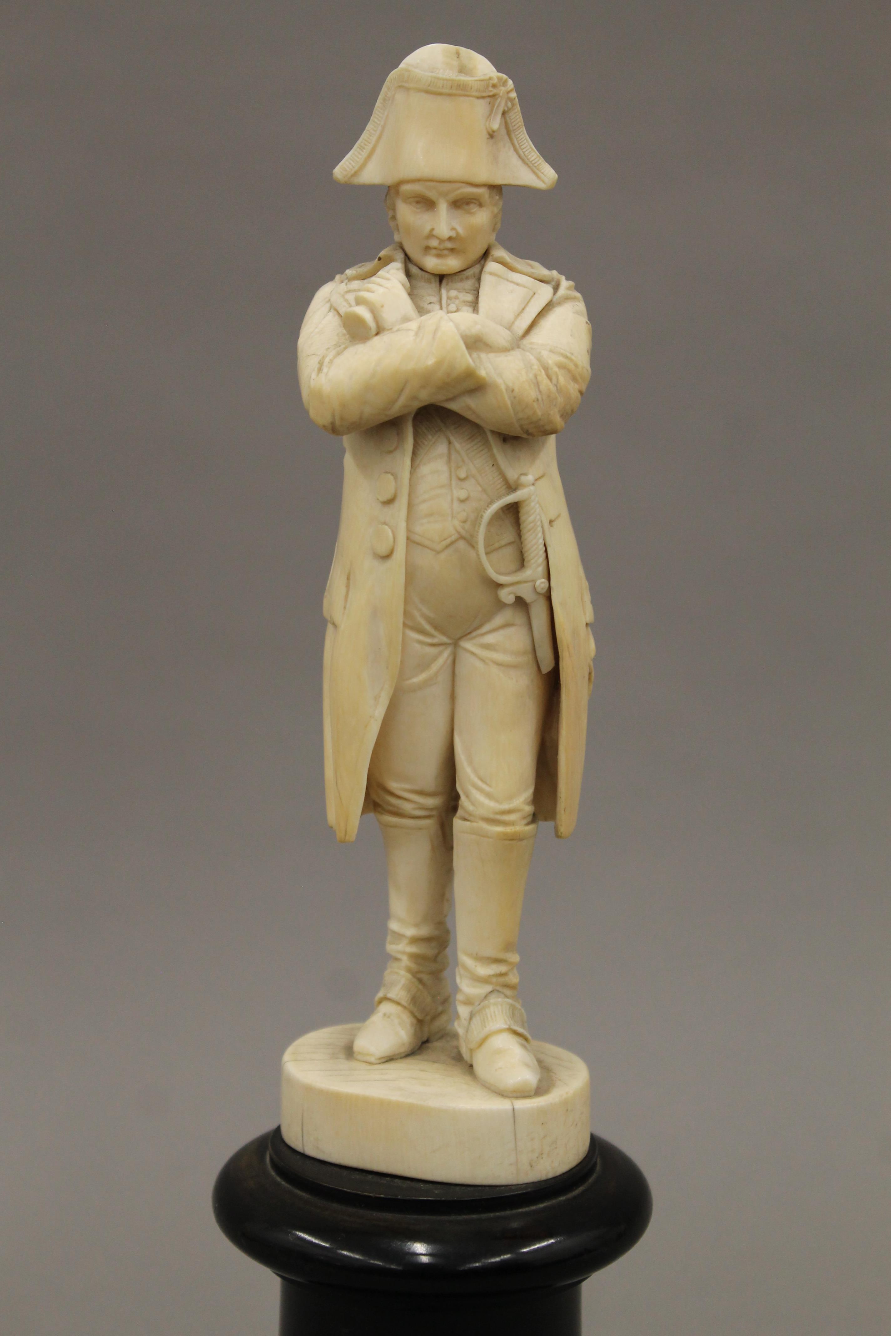 A 19th century Dieppe carved ivory model of Napoleon Bonaparte mounted on an ebonised wooden plinth - Image 2 of 6