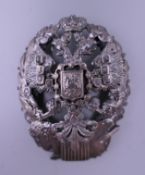 A Russian silver badge, possibly military. 6 cm x 4.5 cm. 27.2 grammes.