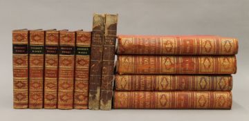 Five boxes of miscellaneous books including: seven volumes of Dickens's Works in half calf and East