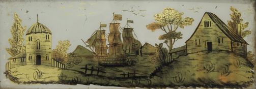 British Warship Passing Coastal Cottages, painting on glass in gold, framed. 40 x 14 cm.