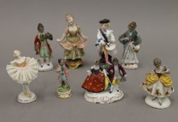 Eight various Continental porcelain figurines, including Dresden. The largest 10 cm high.