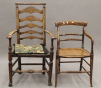 A 19th century elm ladder back chair and a cane seated armchair. The former 109 cm high.