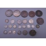 A collection of silver and Georgian cartwheel coins. 80 grammes of silver.