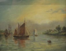 ENGLISH SCHOOL, River Scene with Locals Shipping, oil on board, signed with monogram A.