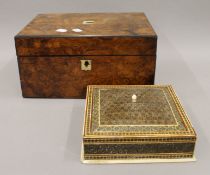 A Victorian walnut writing slope and a Kashmiri box. The former 30 cm wide.