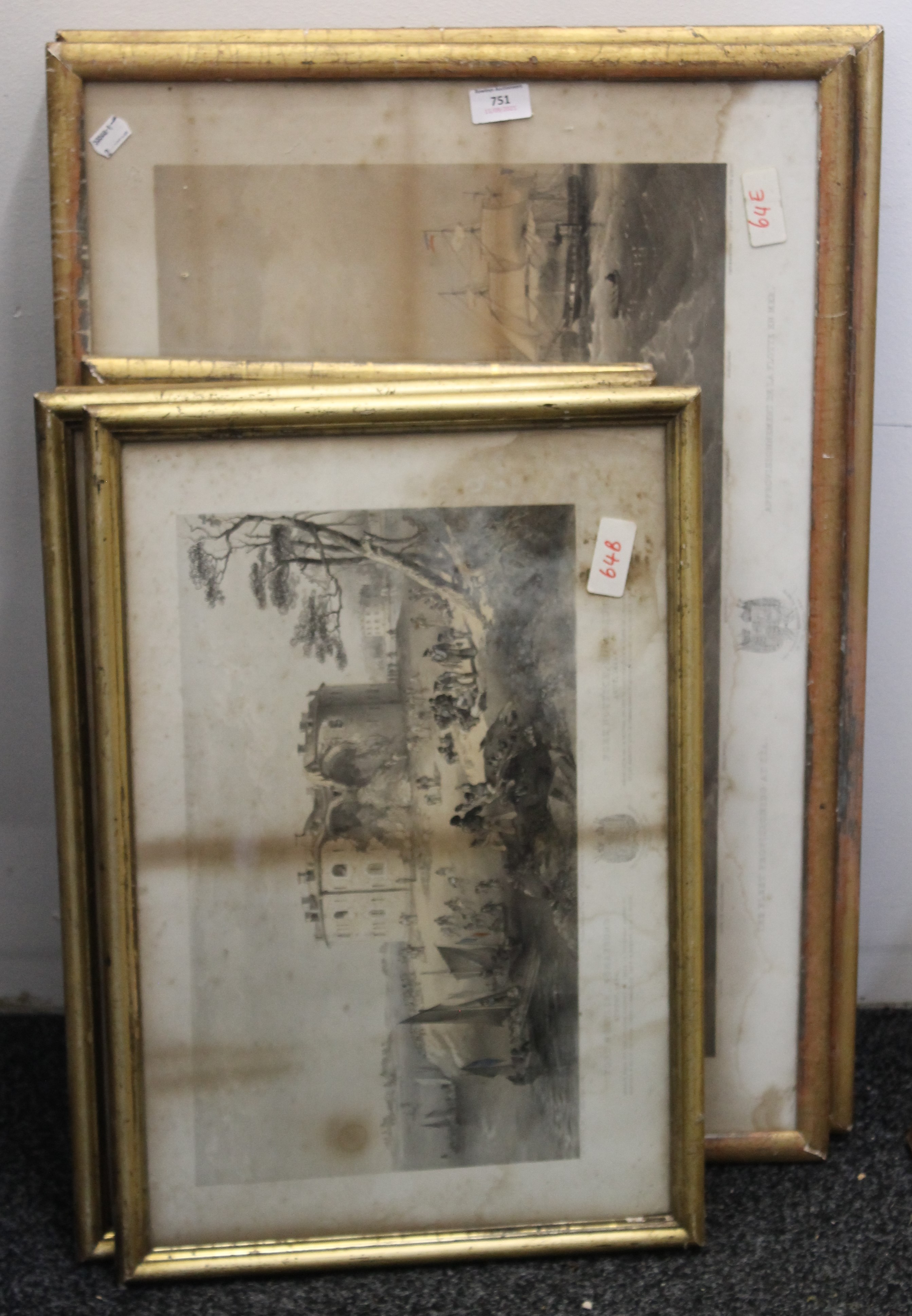 Seven 19th century gilt framed Naval lithographs. The three larger each 77 x 51.