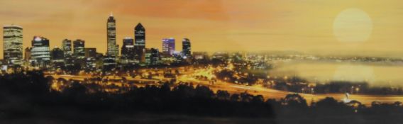 Perth Australia Skyline, print, indistinctly signed to the margin, framed and glazed. 29.5 x 9.5 cm.