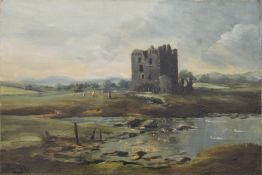 Scottish Castle, oil on canvas, indistinctly signed, unframed. 46 x 30.5 cm.