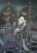 A Chinese reverse glass painting depicting a Noble Woman Seated on a Terrace, framed.