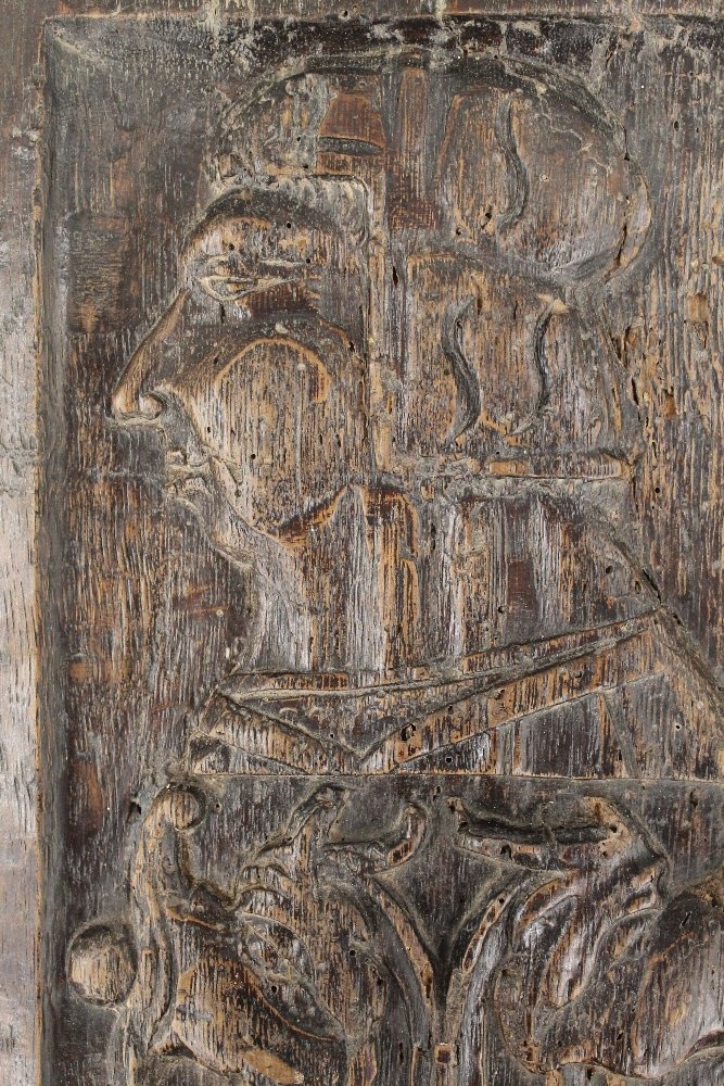 An early carved oak panel, possibly 16th/17th century. 41 cm high. - Image 2 of 7