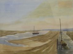 Norfolk Coast, probably Blakeney, watercolour, framed and glazed. 30 x 22.5 cm.